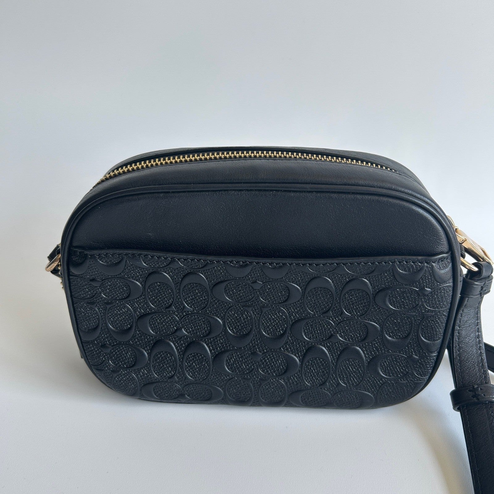 Coach Jamie Camera Bag Black Signature Embossed Leather Crossbody Excellent