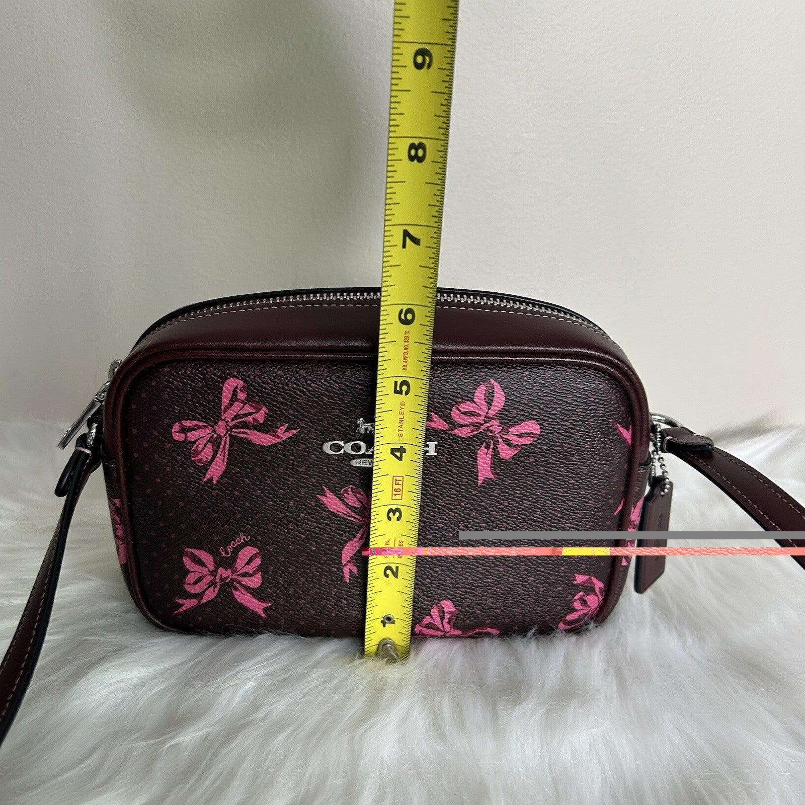 Coach Jamie Camera Bag Brown Pink Bow Coated Canvas Crossbody Excellent