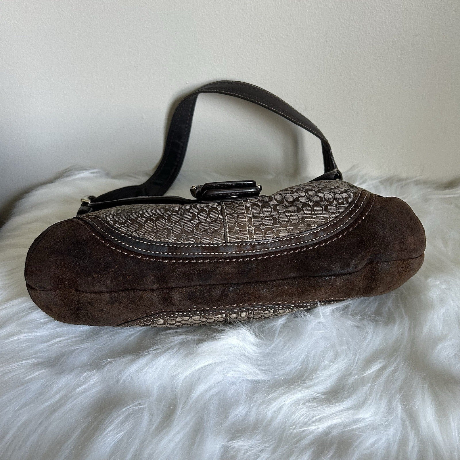 Coach Large Soho Brown Suede Leather Signature Canvas Shoulder Bag