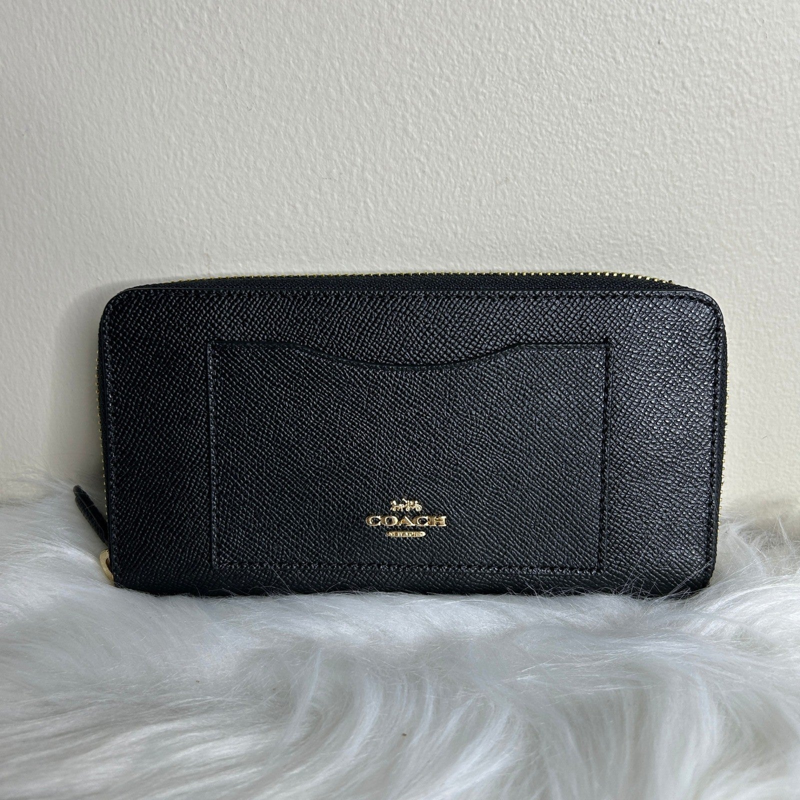 Coach Accordion Zip Wallet Black Crossgrain Leather F54007 NEW