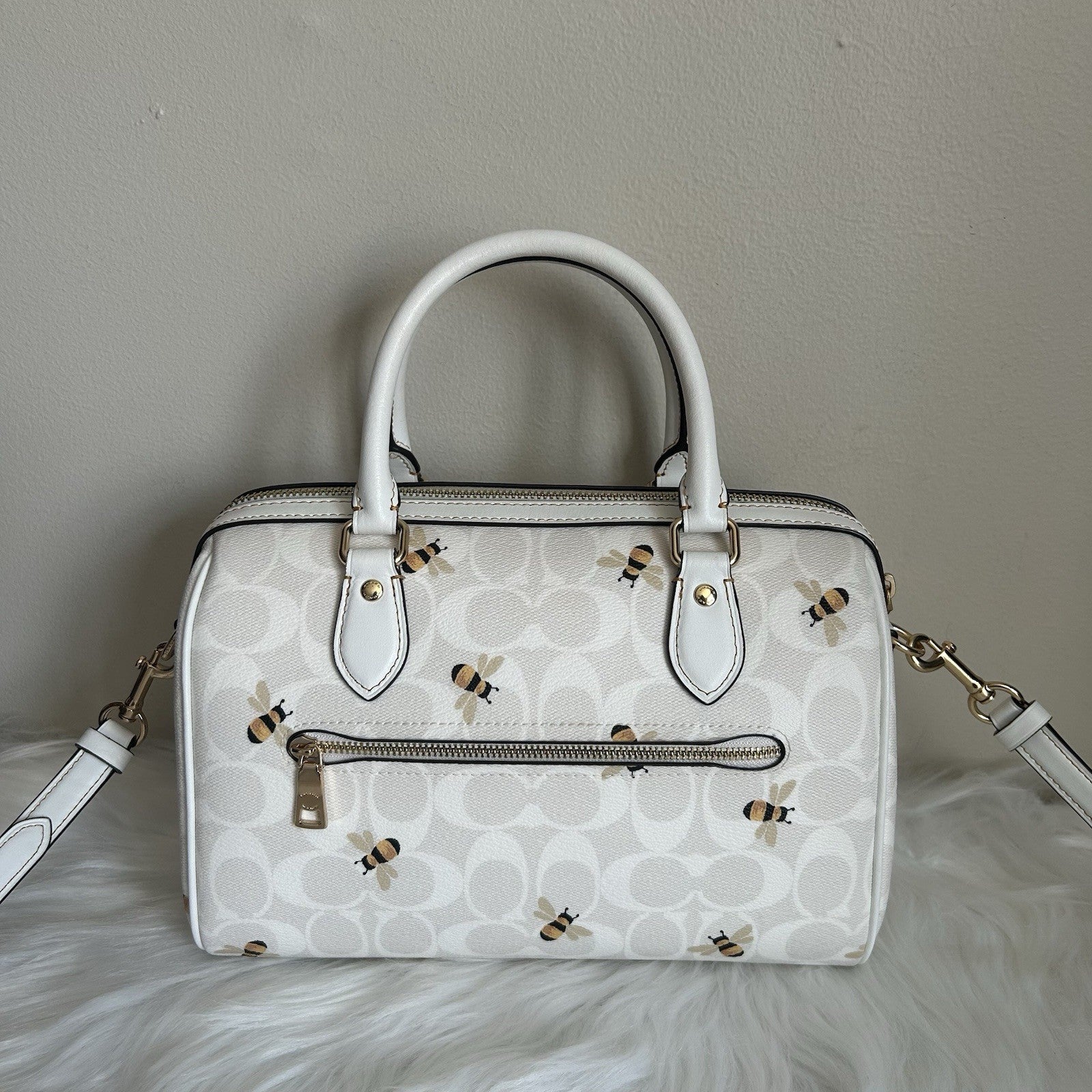 Coach Rowan Satchel Chalk White Bee Signature Canvas Leather Bag Excellent