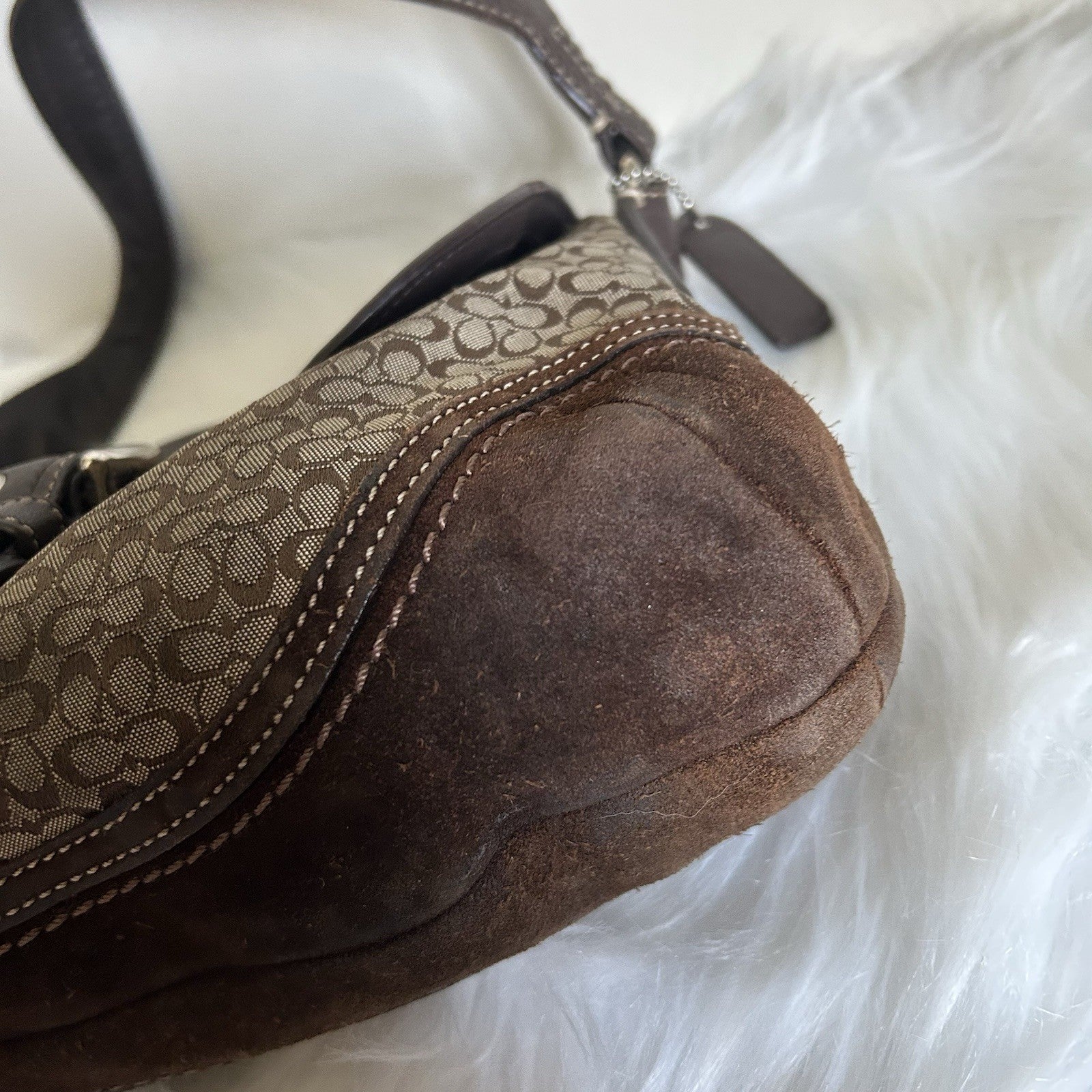Coach Large Soho Brown Suede Leather Signature Canvas Shoulder Bag
