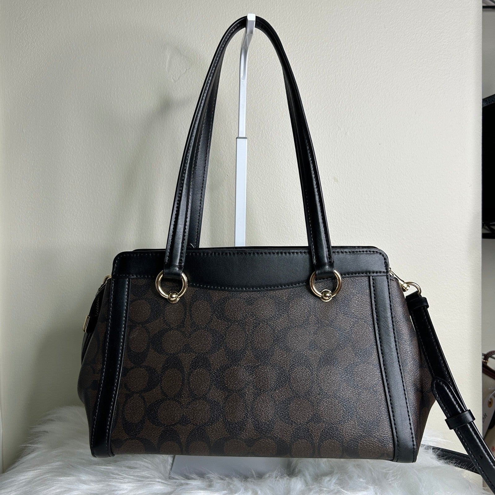 Coach Kailey Carryall Brown Black Signature Canvas Leather Bag Excellent