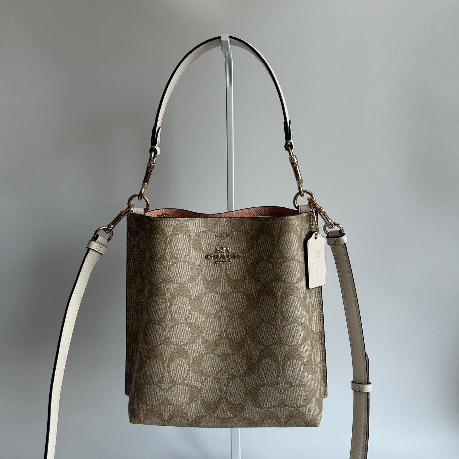 Coach Mollie Bucket Bag 22 Khaki Chalk Signature Canvas Leather Crossbody GOOD