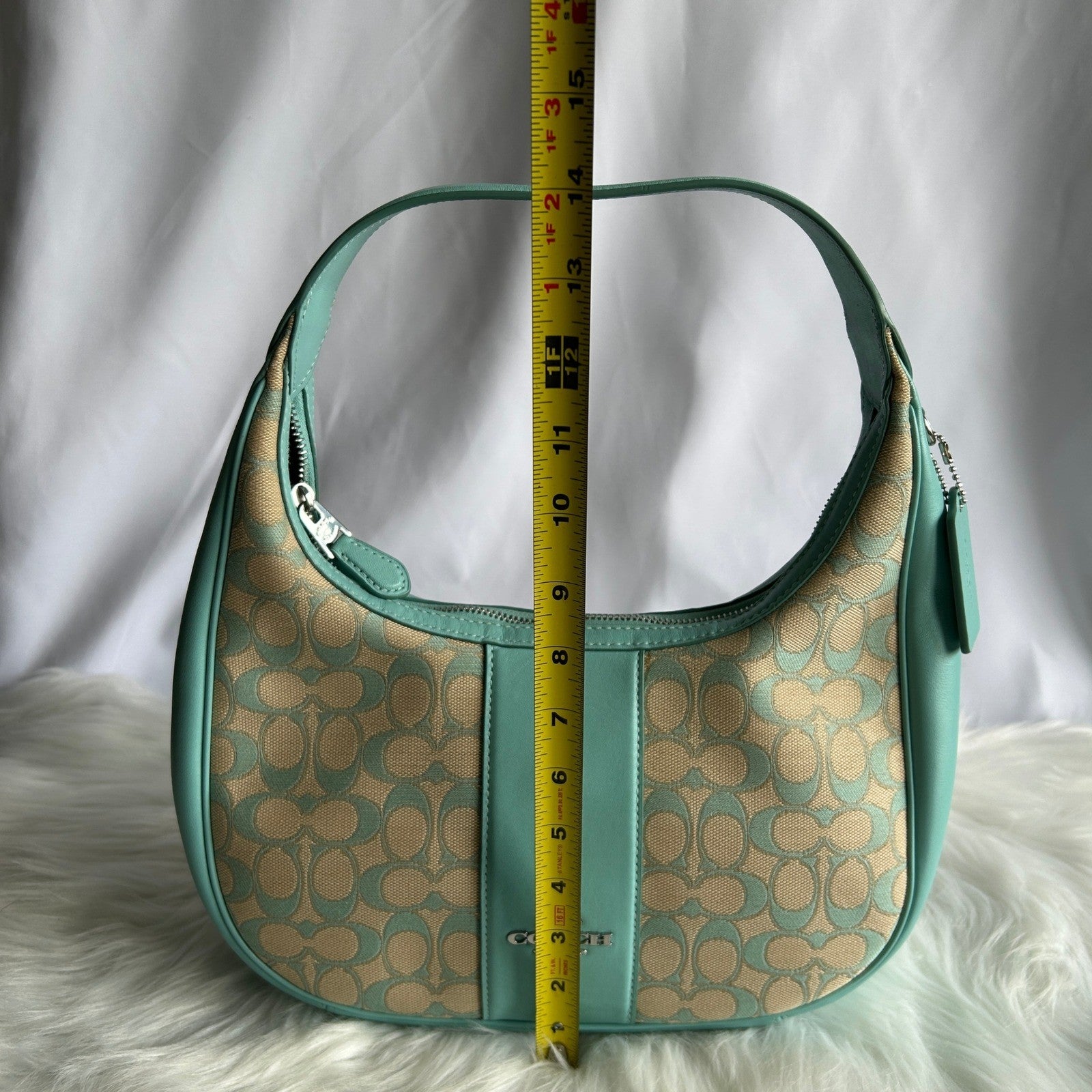 Coach Carmen Teal Khaki Signature Jacquard Leather Shoulder Bag CT765 Excellent