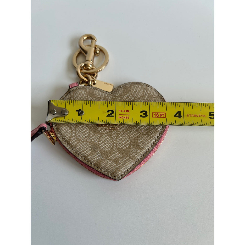 Coach Heart Coin Case Khaki Pink Signature Canvas Leather Bag Charm Excellent