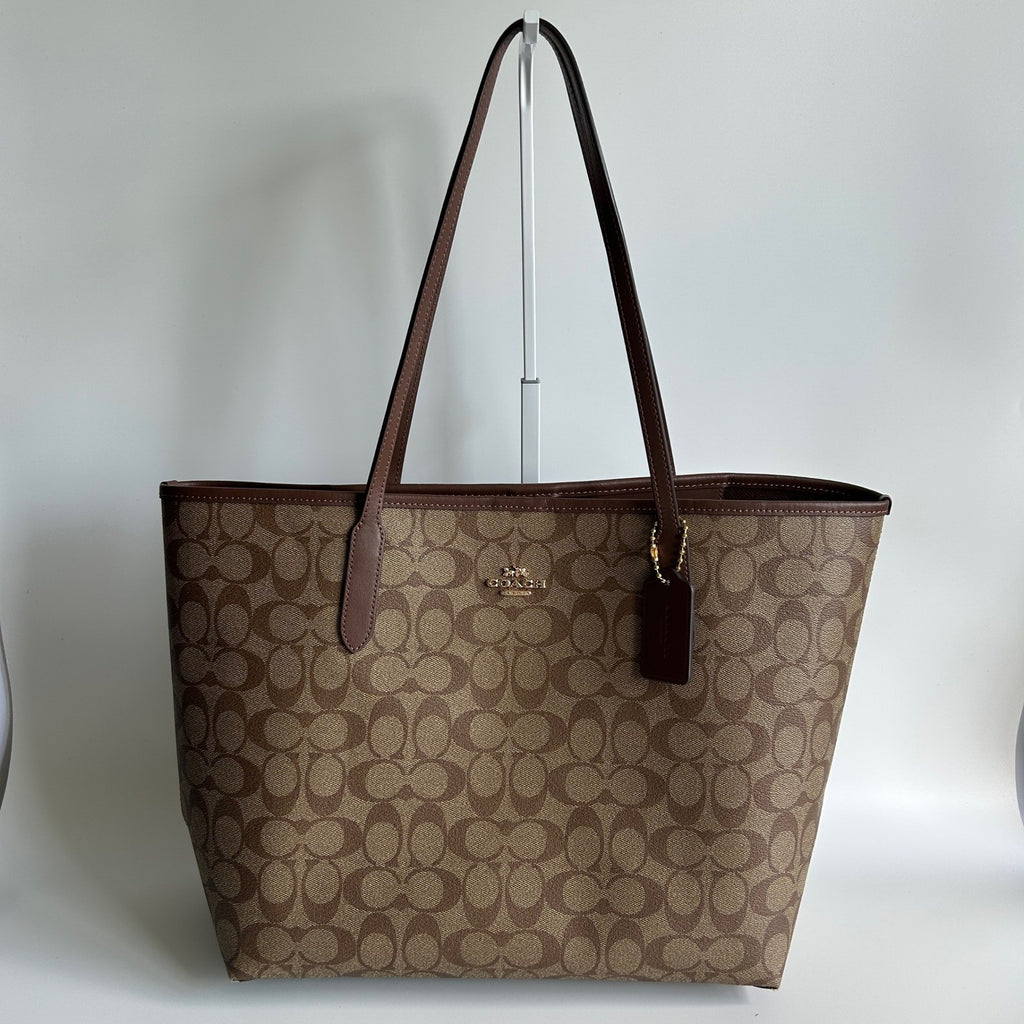 Coach City Tote Brown Signature Coated Canvas Leather Bag C2496 Good