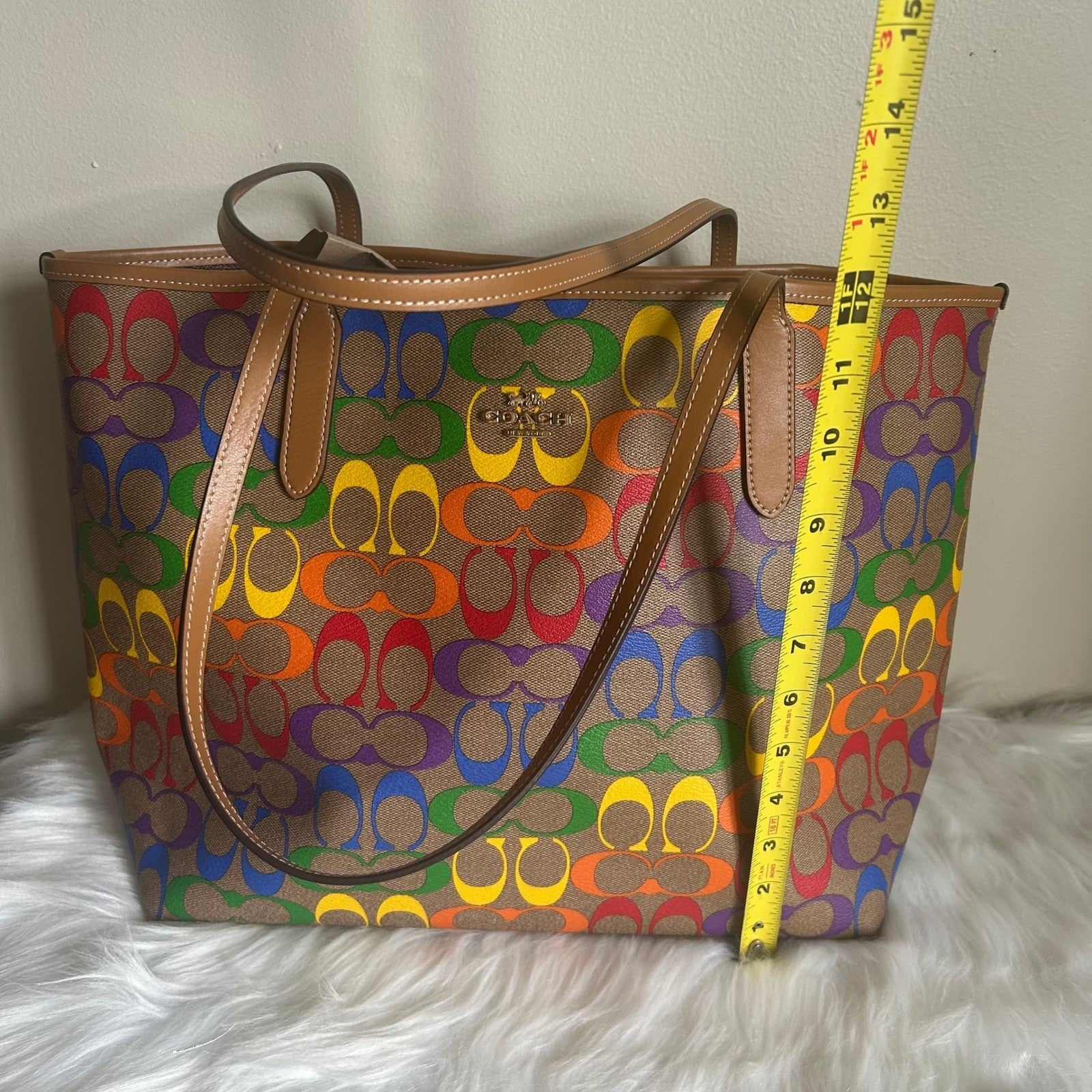 Coach Rainbow Signature Light Saddle Coated Canvas City Tote Bag NEW