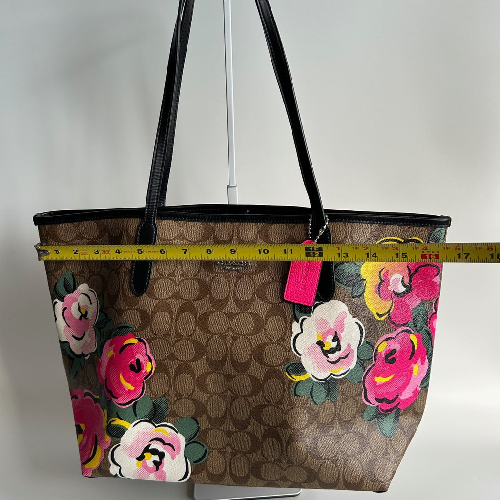 Coach City Tote Brown Vintage Rose Signature Canvas Leather Bag Good