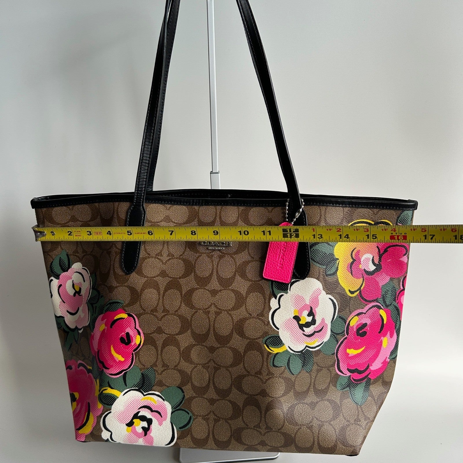 Coach City Tote Brown Vintage Rose Signature Canvas Leather Bag Good