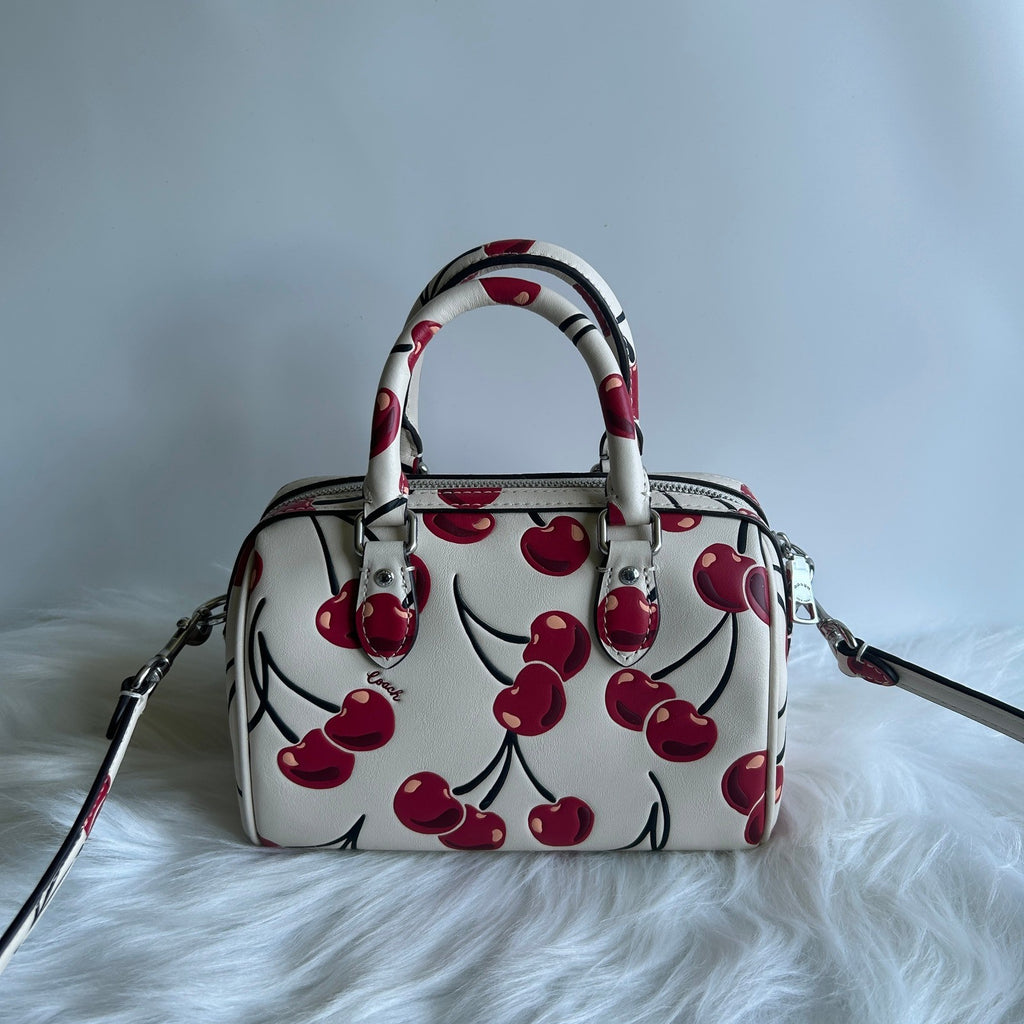 Coach Mini Rowan Satchel Chalk White Cherry Print Leather Crossbody Excellent