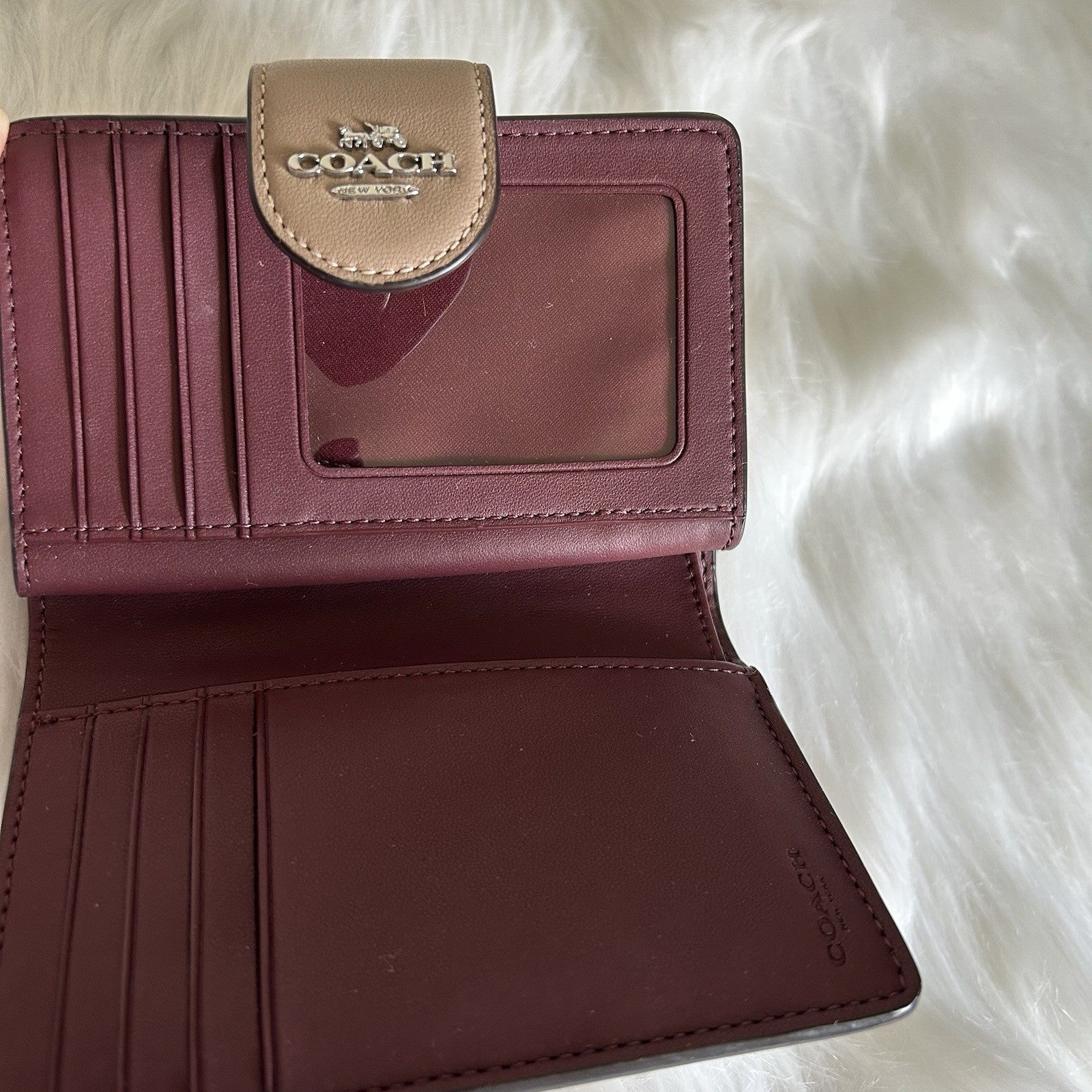 Coach Medium Corner Zip Wallet Signature Debossed Leather Taupe Burgundy C2886