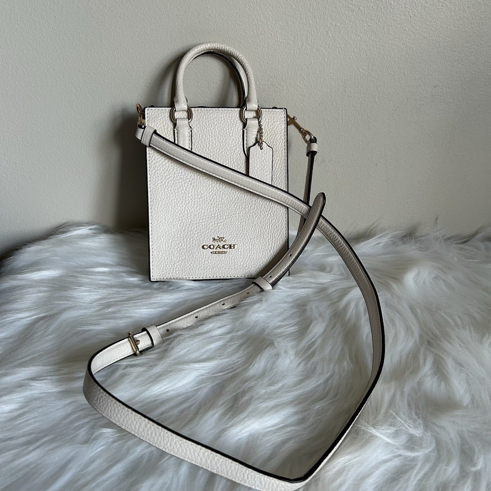 Coach North South Mini Tote Chalk White Pebbled Leather Crossbody Bag Excellent