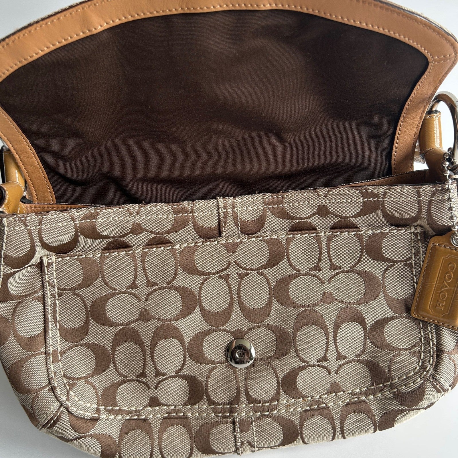 Coach Soho Signature Khaki Brown Canvas Leather Shoulder Bag Excellent
