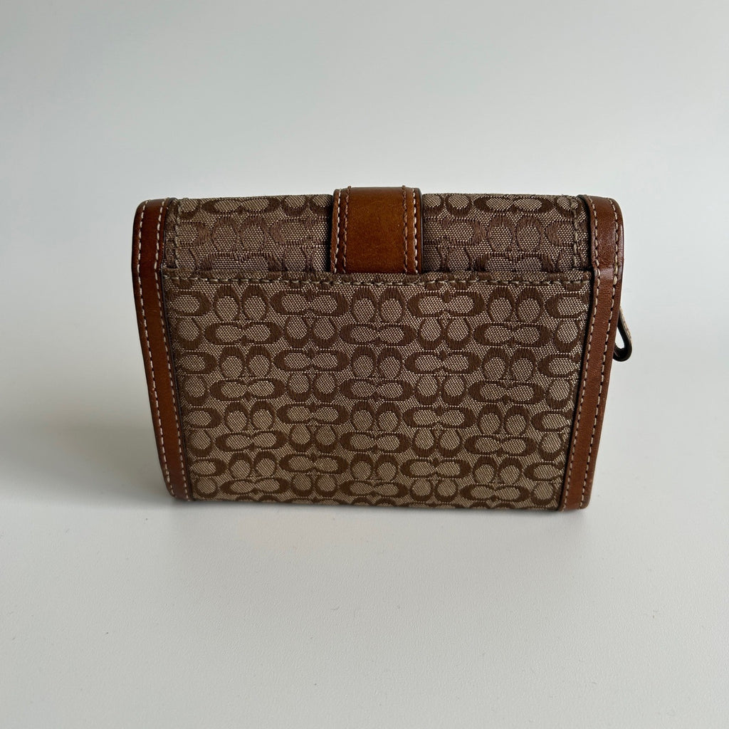 Coach Soho Signature Brown Canvas Leather Buckle Compact Wallet Excellent