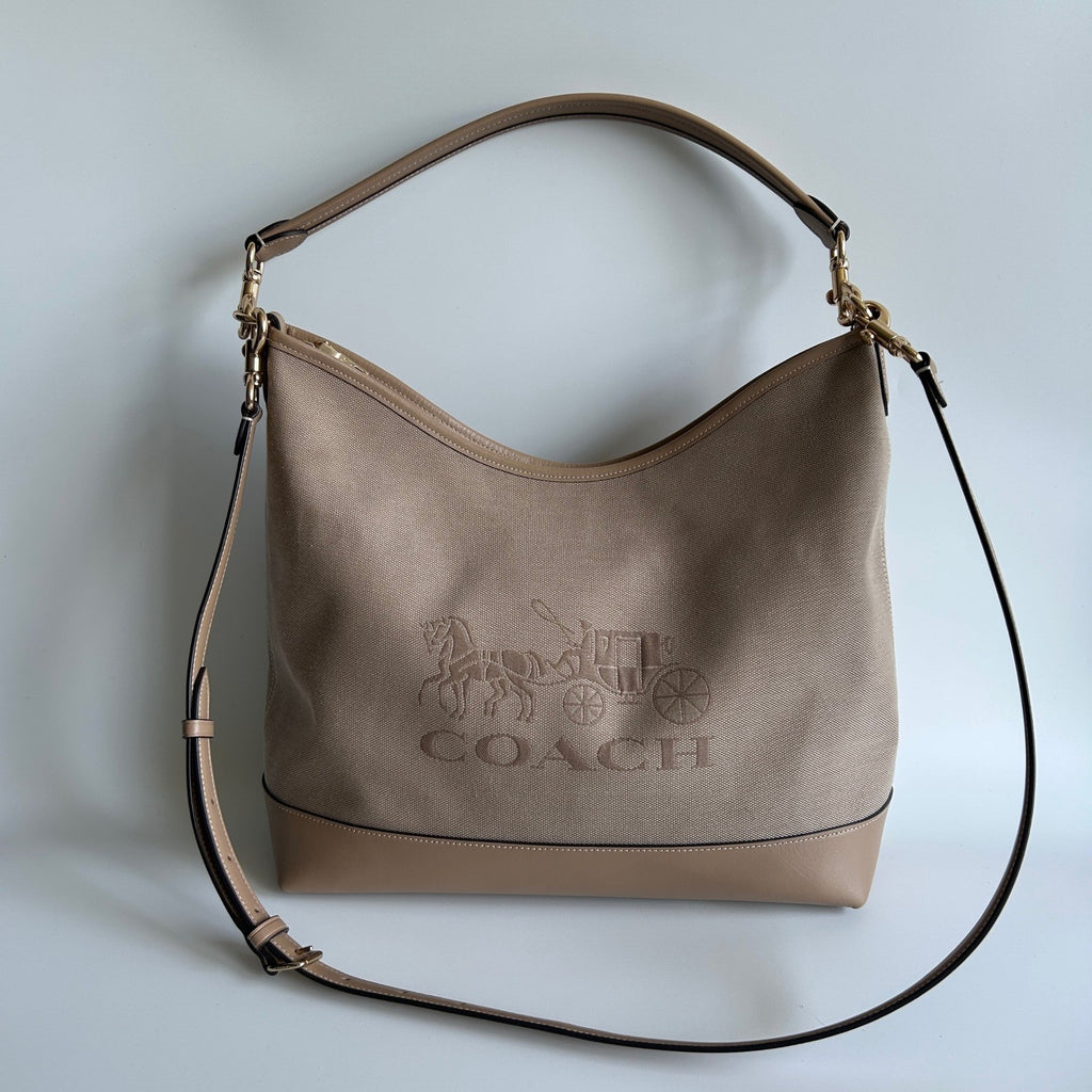 Coach Laurel Large Shoulder Bag Taupe Canvas Leather CAK92 Good