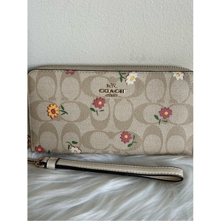 Coach Accordion Zip Khaki Floral Signature Canvas Wristlet Wallet Excellent