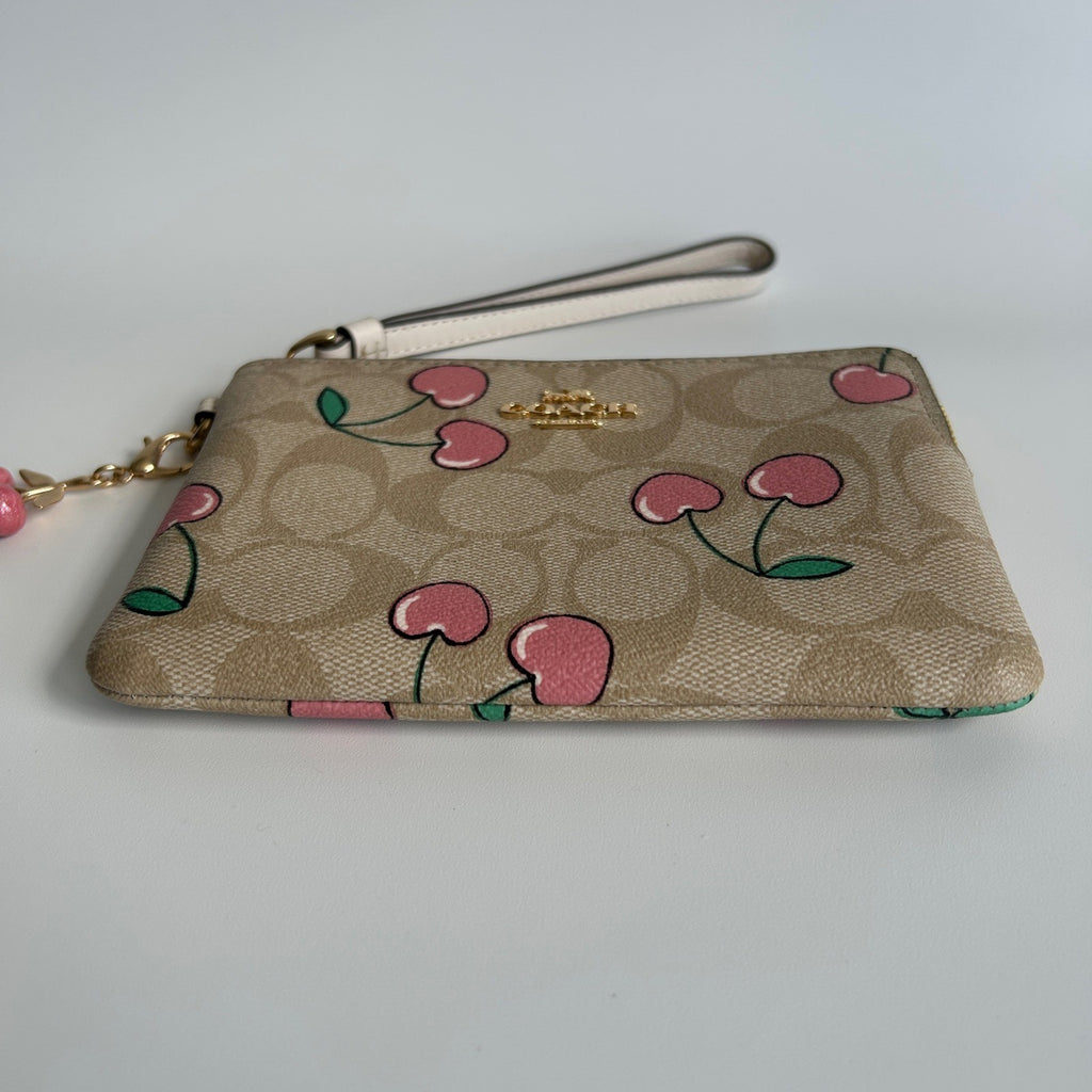 Coach Corner Zip Wristlet Khaki Pink Heart Cherry Canvas Leather Excellent
