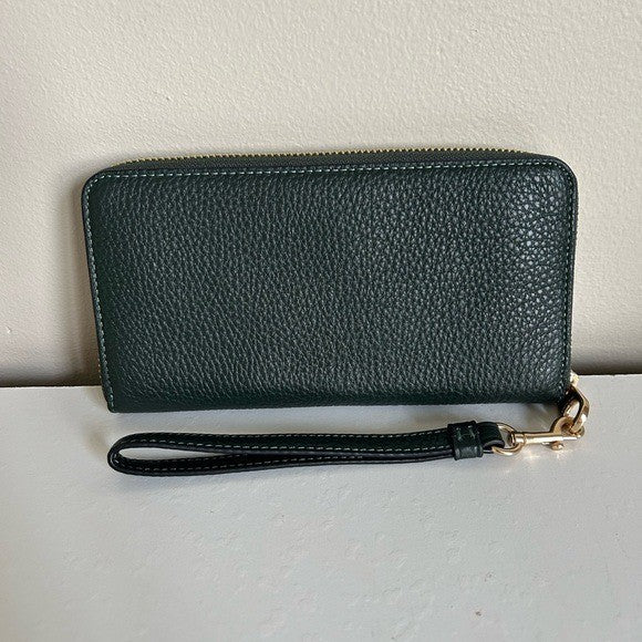 Coach Long Zip Around Wallet Dark Green Pebbled Leather Wristlet C4451