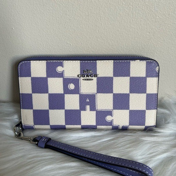 Coach Accordion Zip Purple White Checkered Leather Wristlet Wallet Excellent