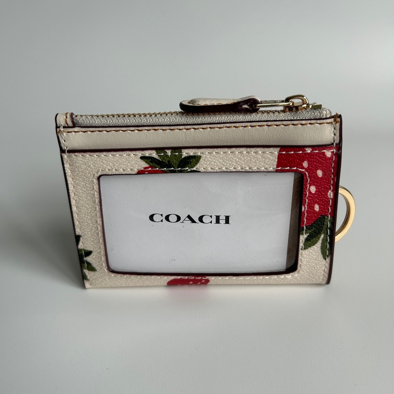 Coach Mini Skinny ID Case Chalk Strawberry Print Leather Wallet Excellent