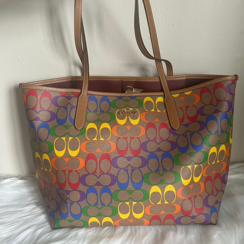 Coach Rainbow Signature Light Saddle Coated Canvas City Tote Bag NEW