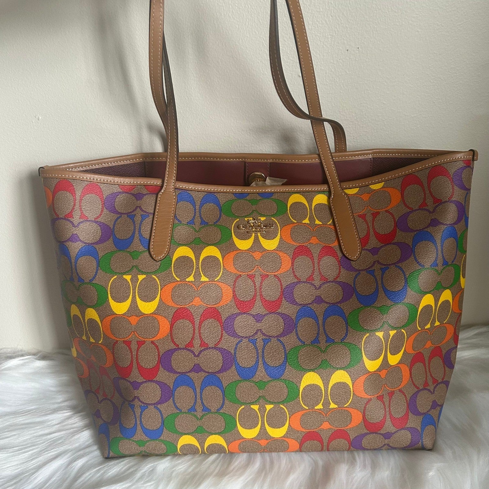 Coach Rainbow Signature Light Saddle Coated Canvas City Tote Bag NEW