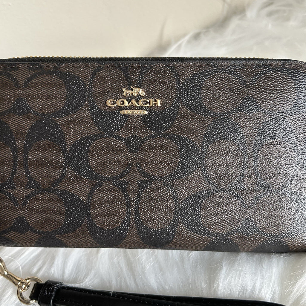 Coach Long Zip Around Wallet Brown Black Signature Canvas NEW
