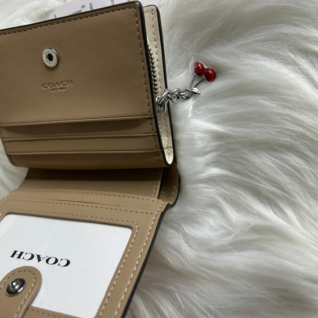 Coach Snap Wallet Chalk White Cherry Print Pebbled Leather NEW