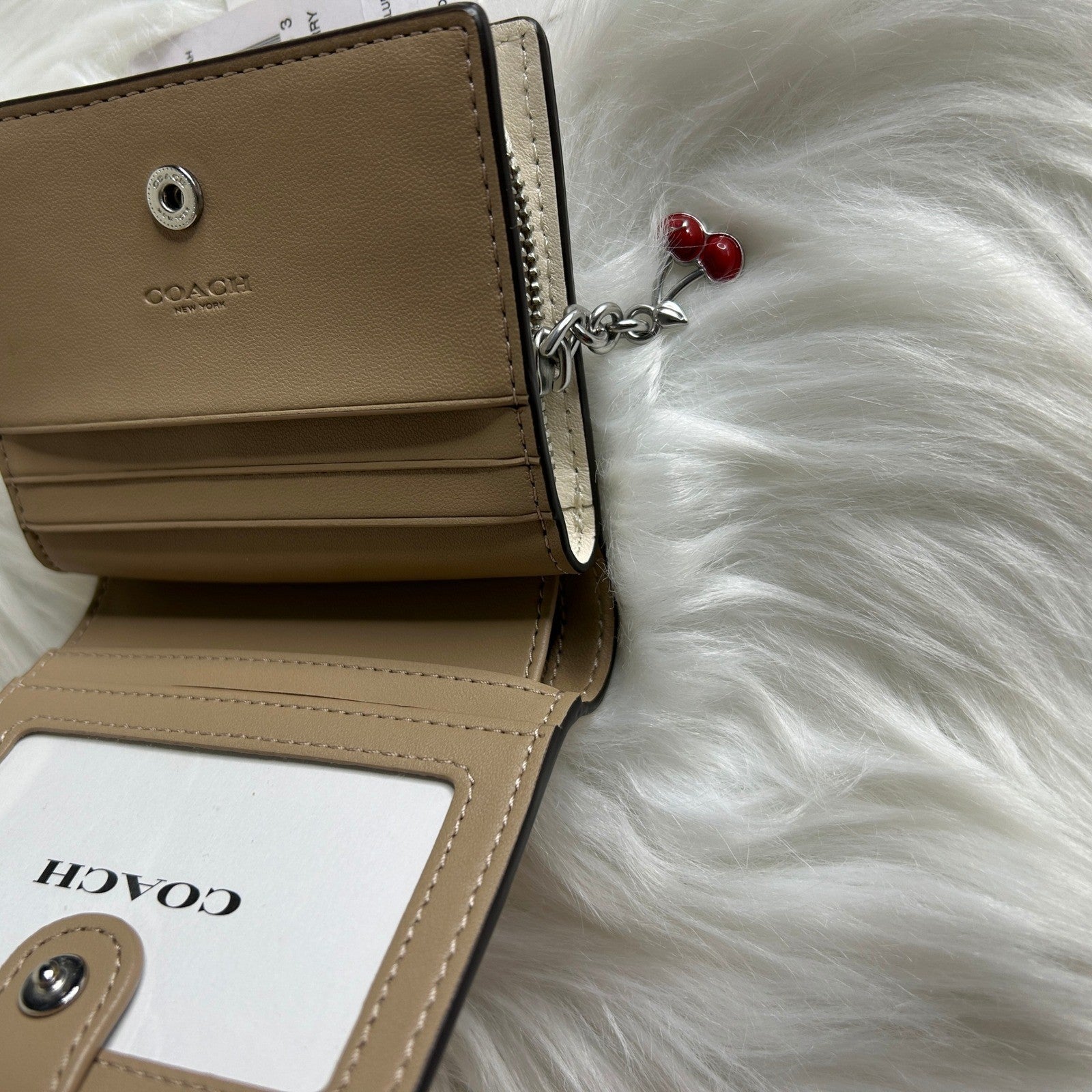 Coach Snap Wallet Chalk White Cherry Print Pebbled Leather NEW