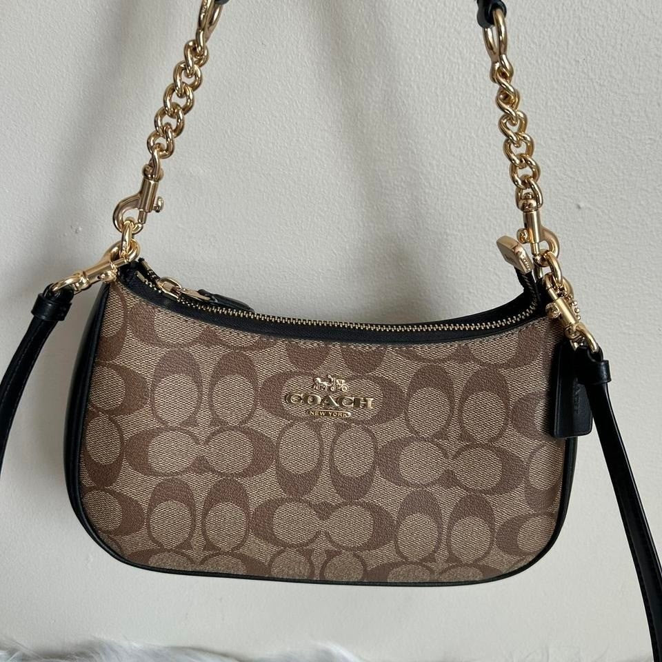 Coach Teri Hobo Khaki Signature Canvas Leather Shoulder Bag Excellent