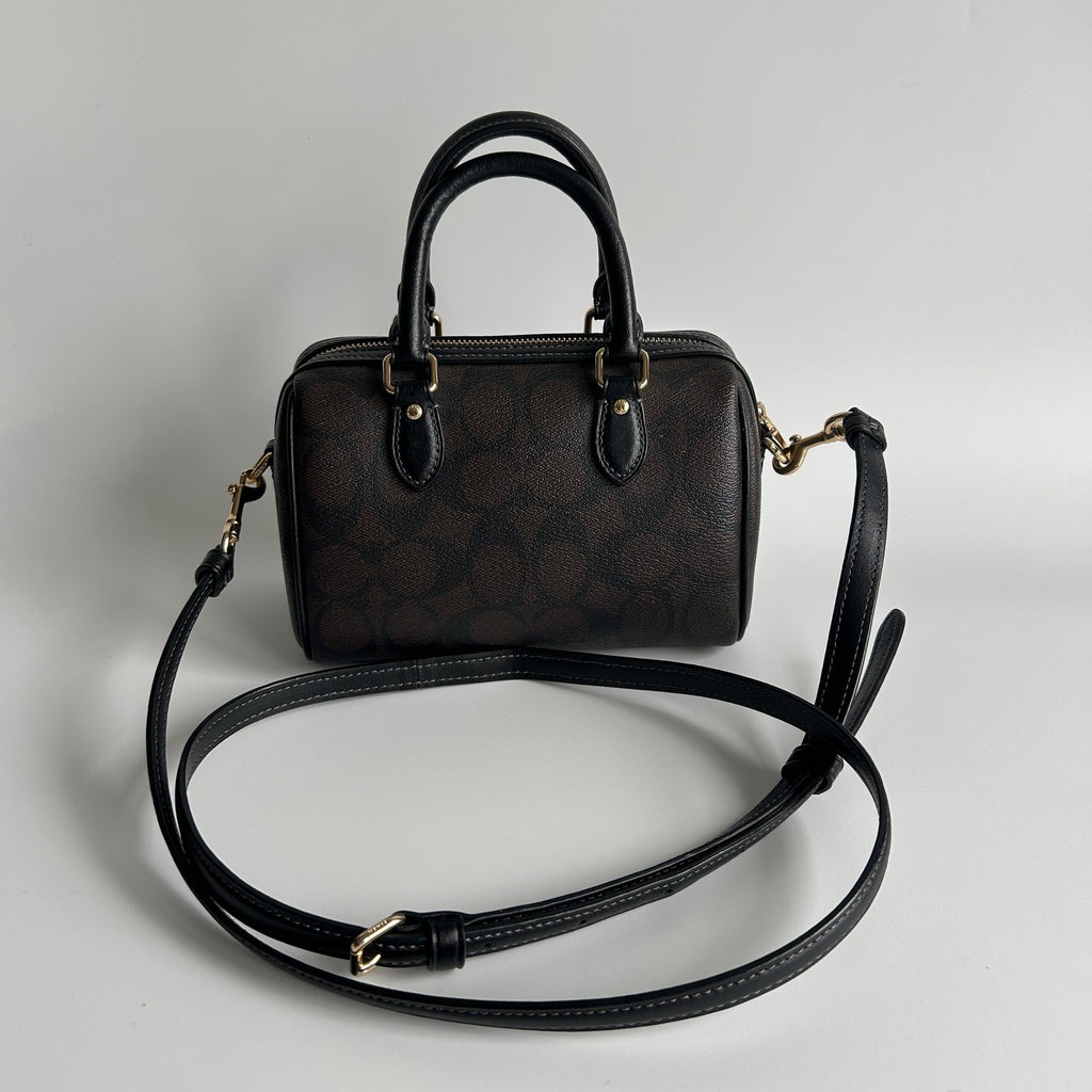 Coach Rowan Satchel Brown Black Signature Canvas Leather Bag Excellent