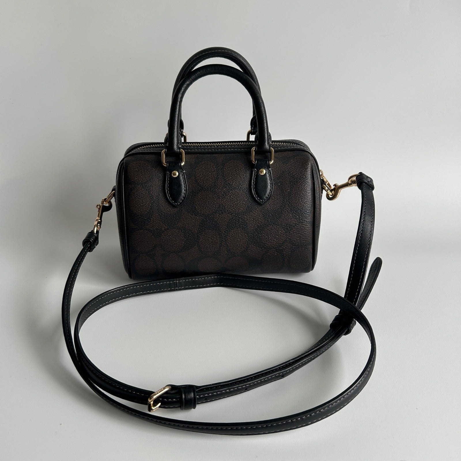 Coach Rowan Satchel Brown Black Signature Canvas Leather Bag Excellent