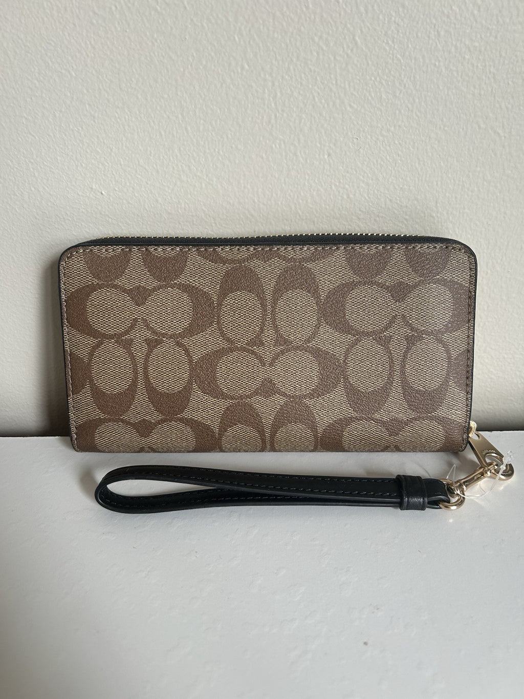 Coach Accordion Zip Wallet Khaki Black Signature Canvas NEW