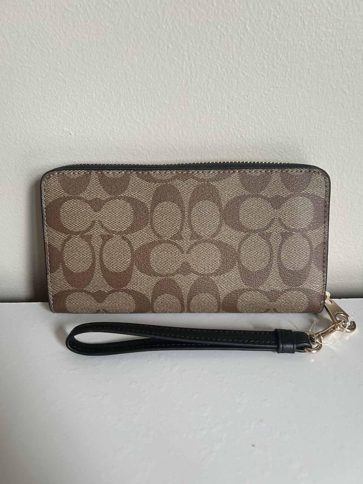 Coach Accordion Zip Wallet Khaki Black Signature Canvas NEW