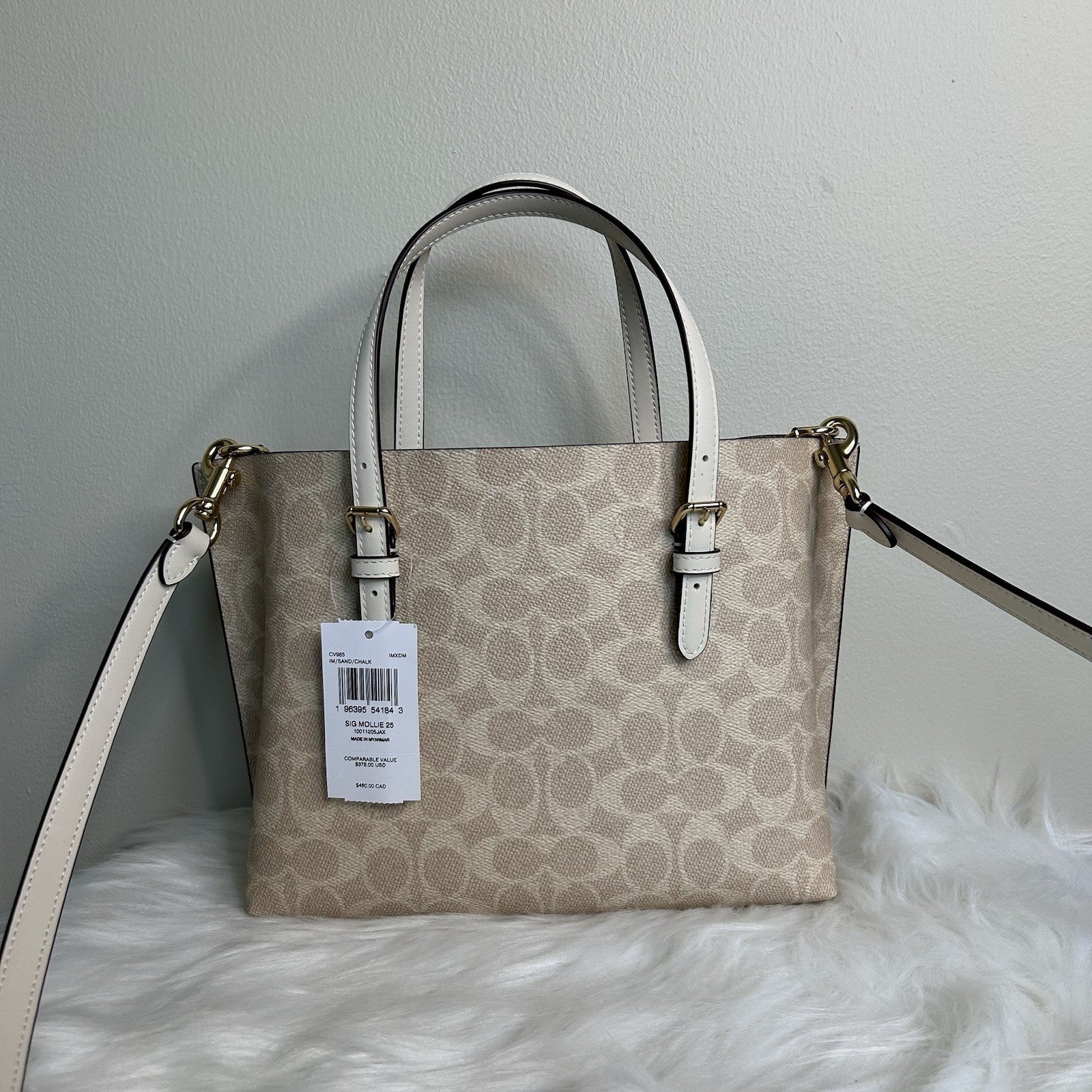 Coach Mollie Tote 25 Sand Chalk Signature Canvas Leather Bag NEW