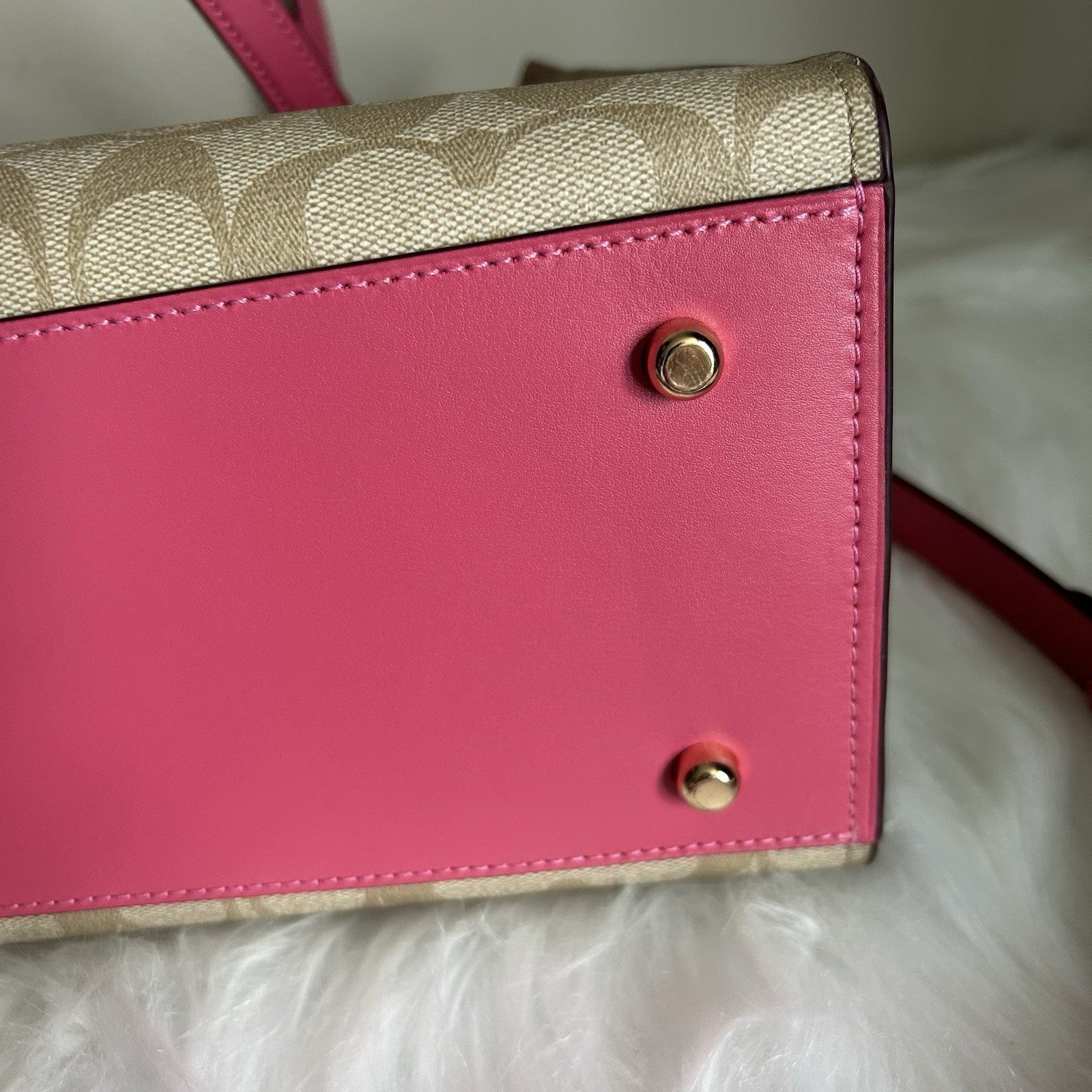 Coach Tatum Carryall 28 Khaki Pink Signature Canvas Leather Bag Excellent