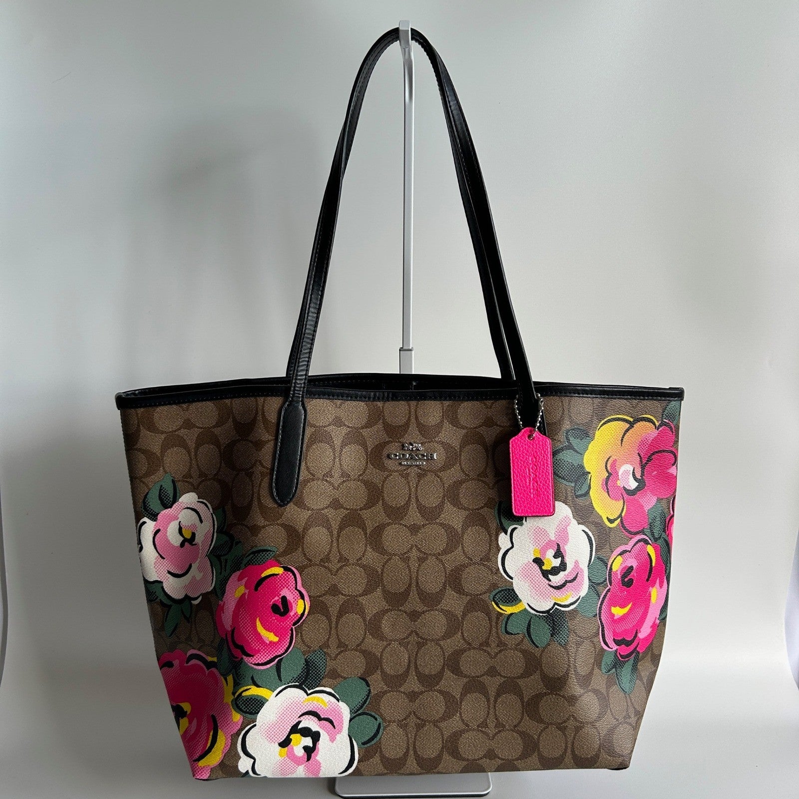 Coach City Tote Brown Vintage Rose Signature Canvas Leather Bag Good