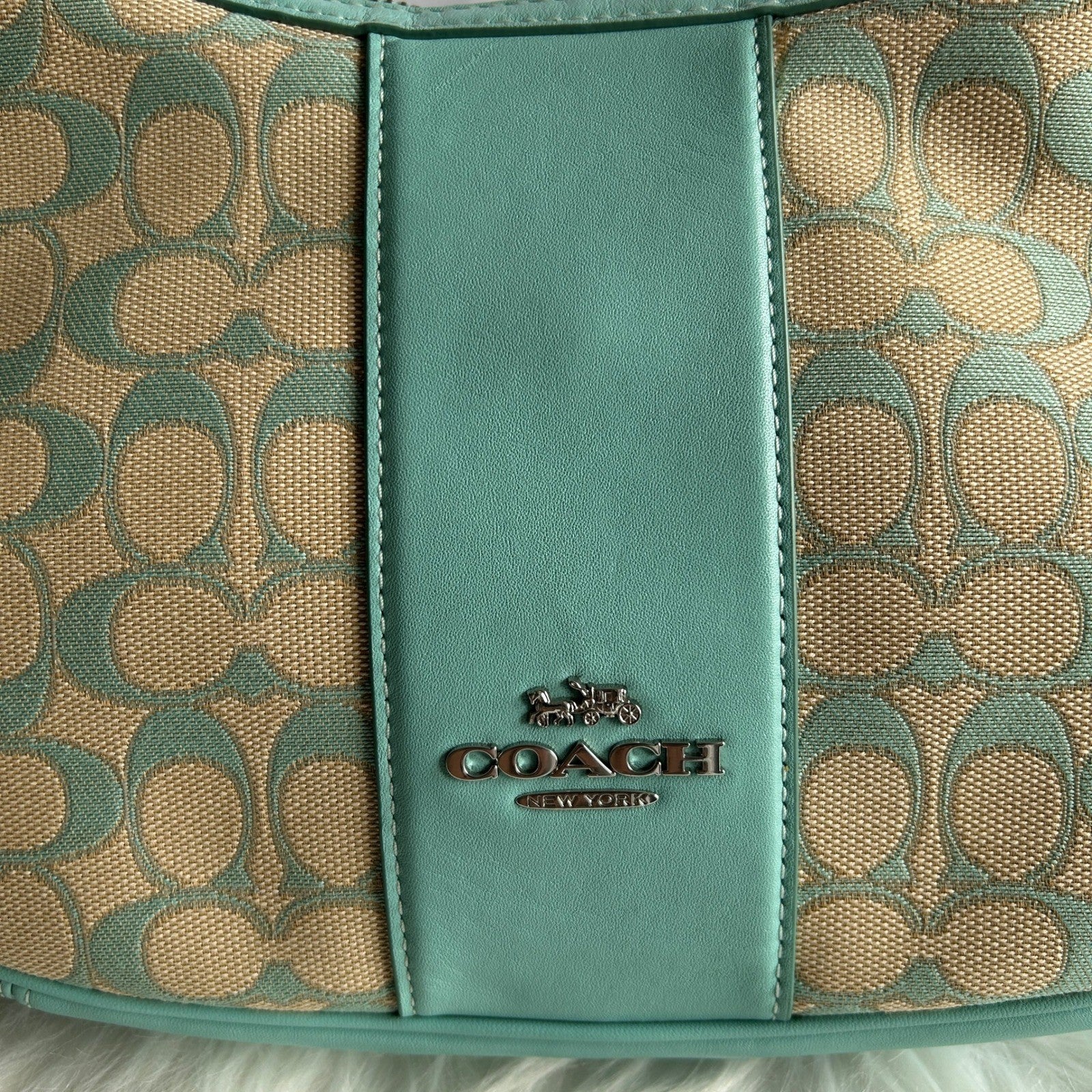 Coach Carmen Teal Khaki Signature Jacquard Leather Shoulder Bag CT765 Excellent