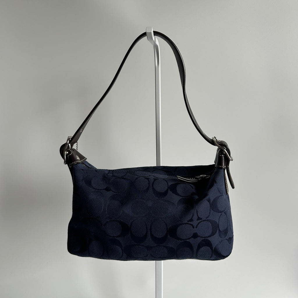 Coach Demi Bag Navy Blue Signature Canvas Leather Shoulder Bag Excellent