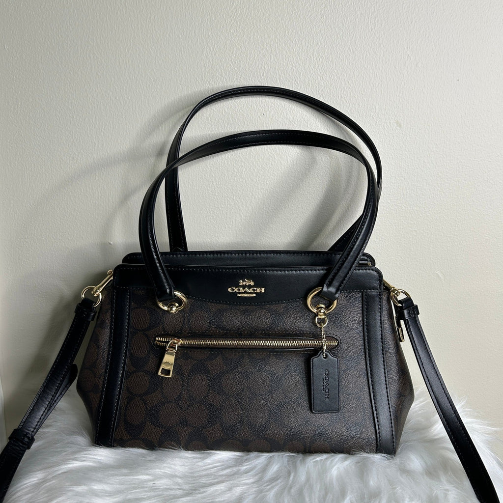 Coach Kailey Carryall Brown Black Signature Canvas Leather Bag Excellent