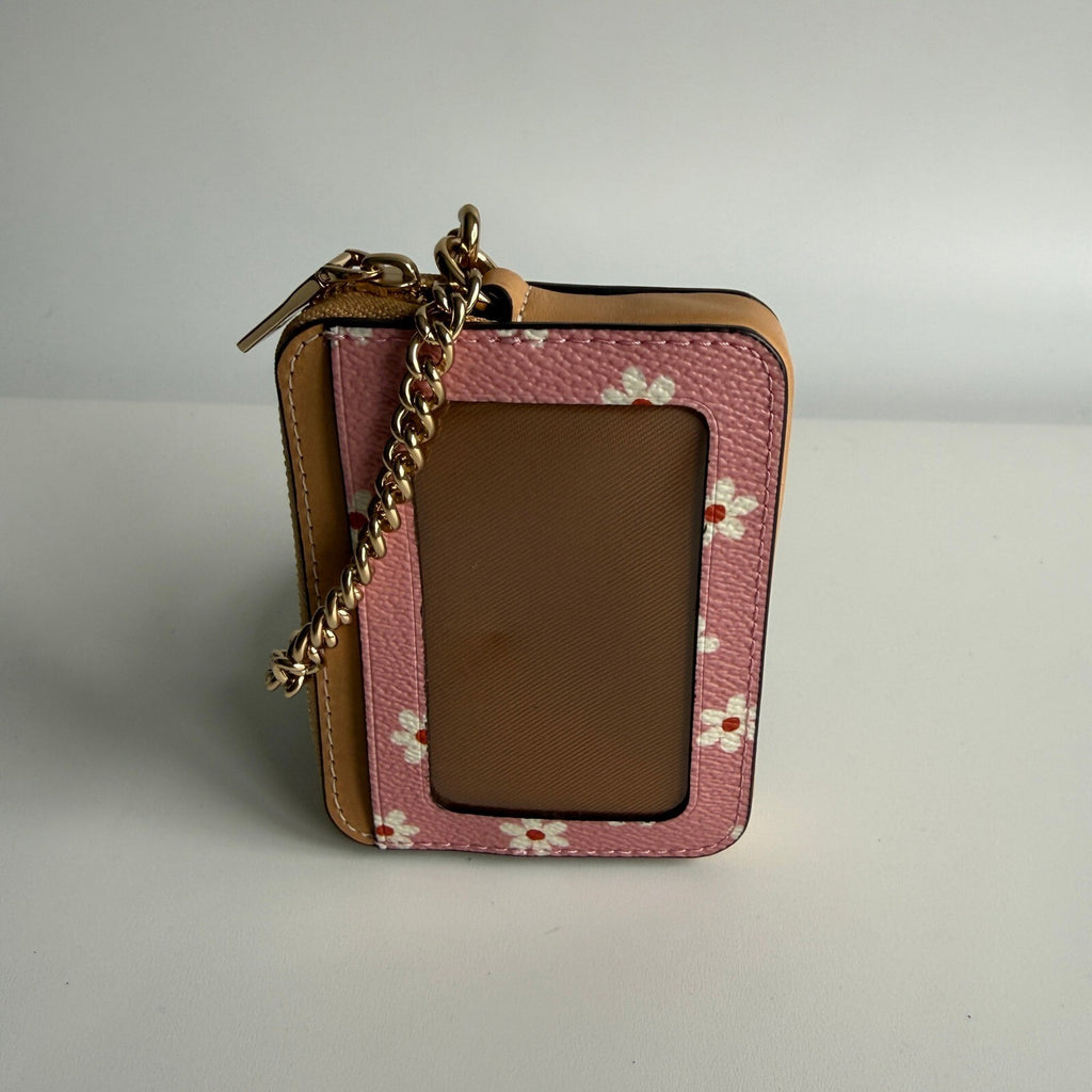 Coach Zip Card Case Pink Floral Daisy Leather Wallet CFA37