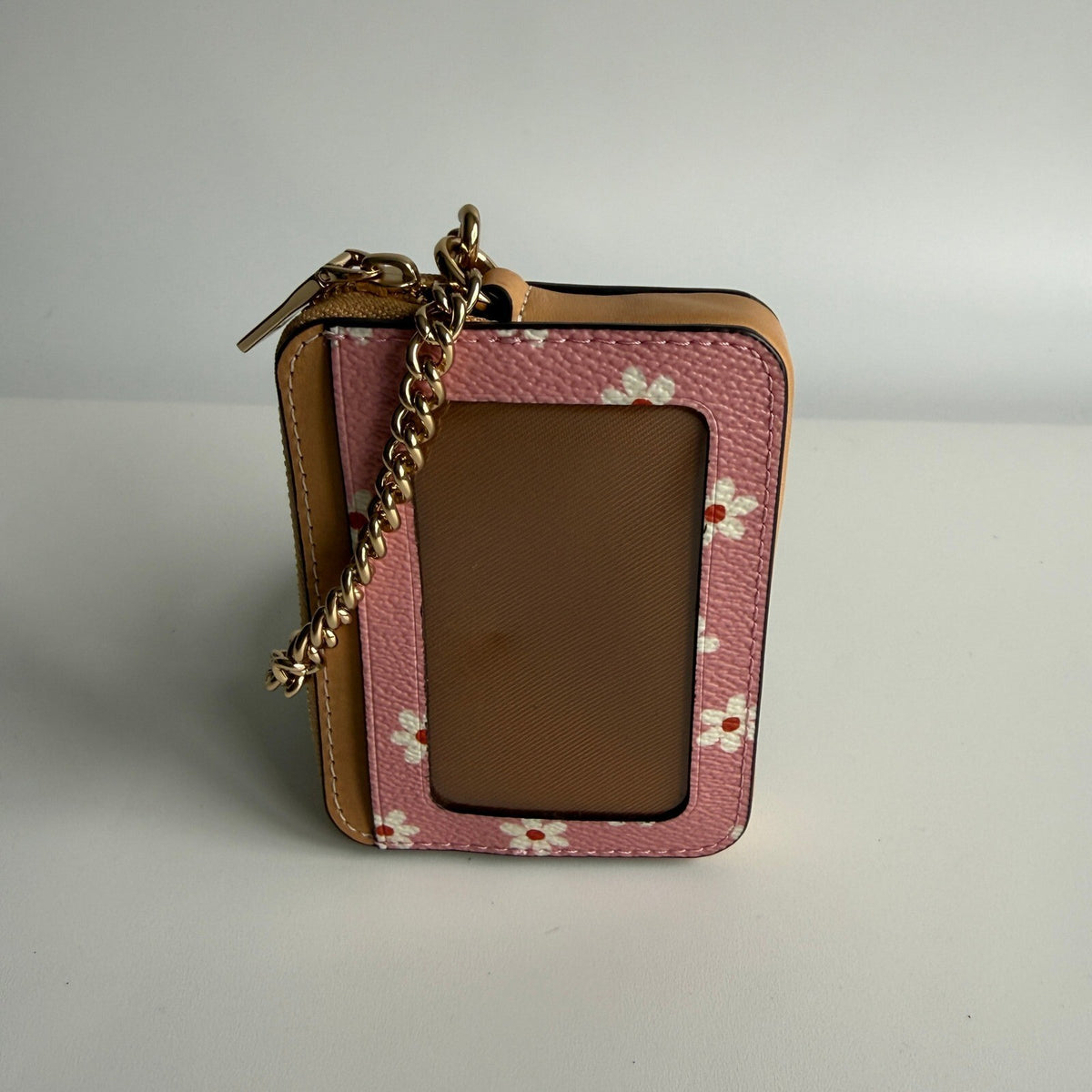 Coach Zip Card Case Pink Floral Daisy Leather Wallet CFA37