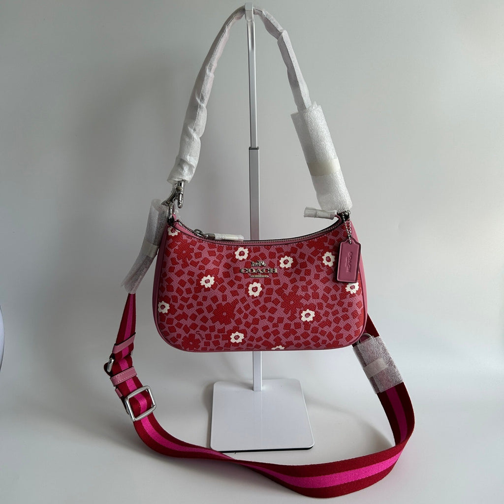 Coach Teri Shoulder Bag Silver Pink Multi Floral Canvas Leather CB152