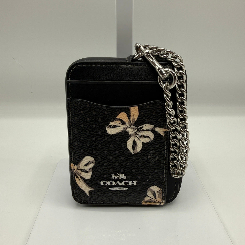 Coach Zip Card Case Black Multi Bow Print Canvas Leather Wallet CZ466