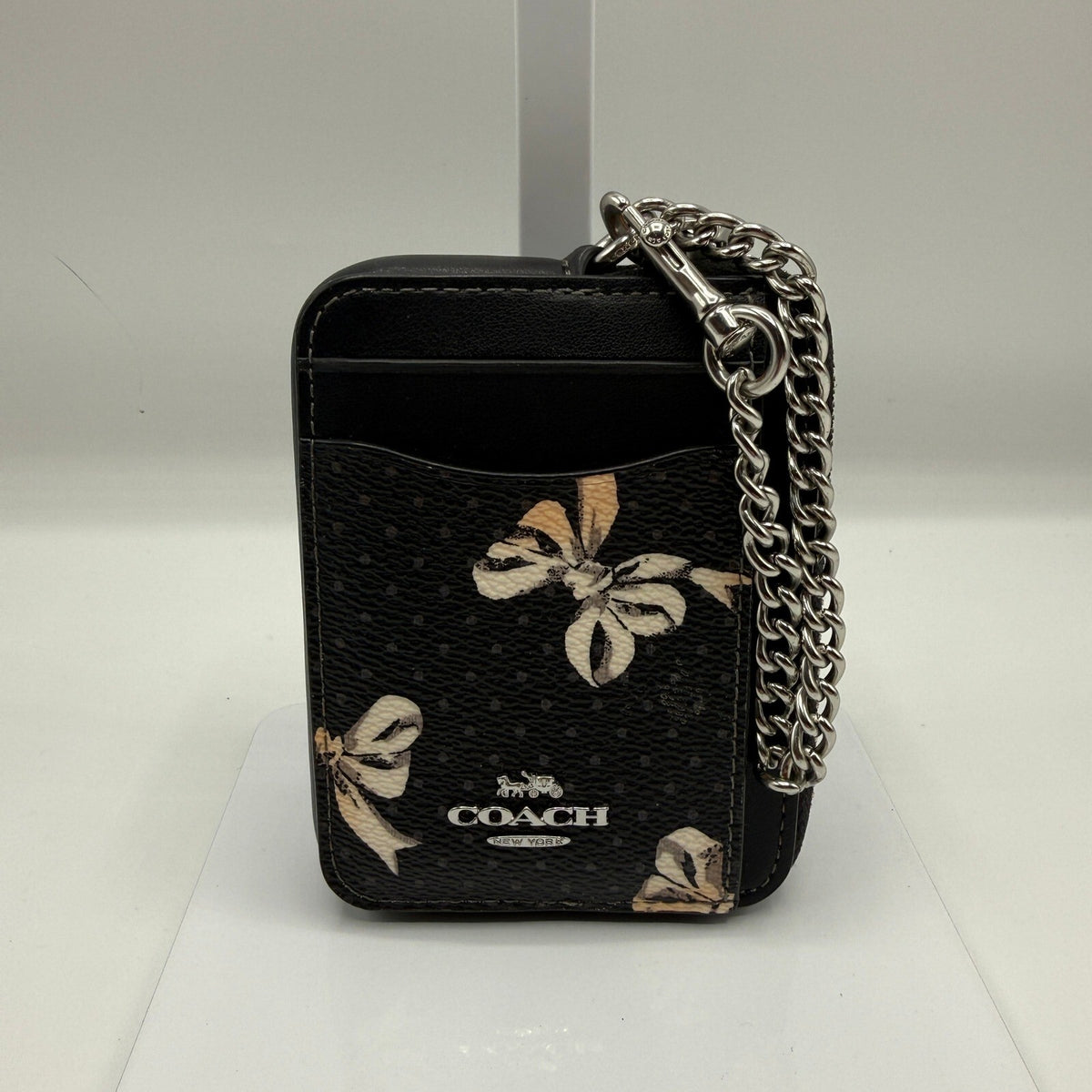 Coach Zip Card Case Black Multi Bow Print Canvas Leather Wallet CZ466