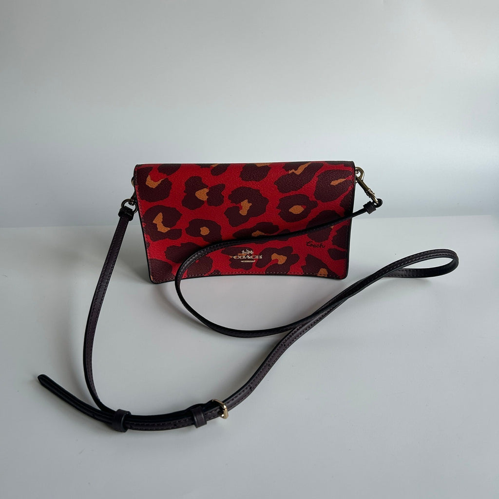 Coach Anna Foldover Red Leopard Print Leather Crossbody Clutch Bag 7301