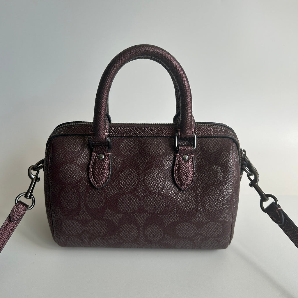 Coach Mini Rowan Satchel Metallic Burgundy Signature Canvas Crossbody Bag CX186