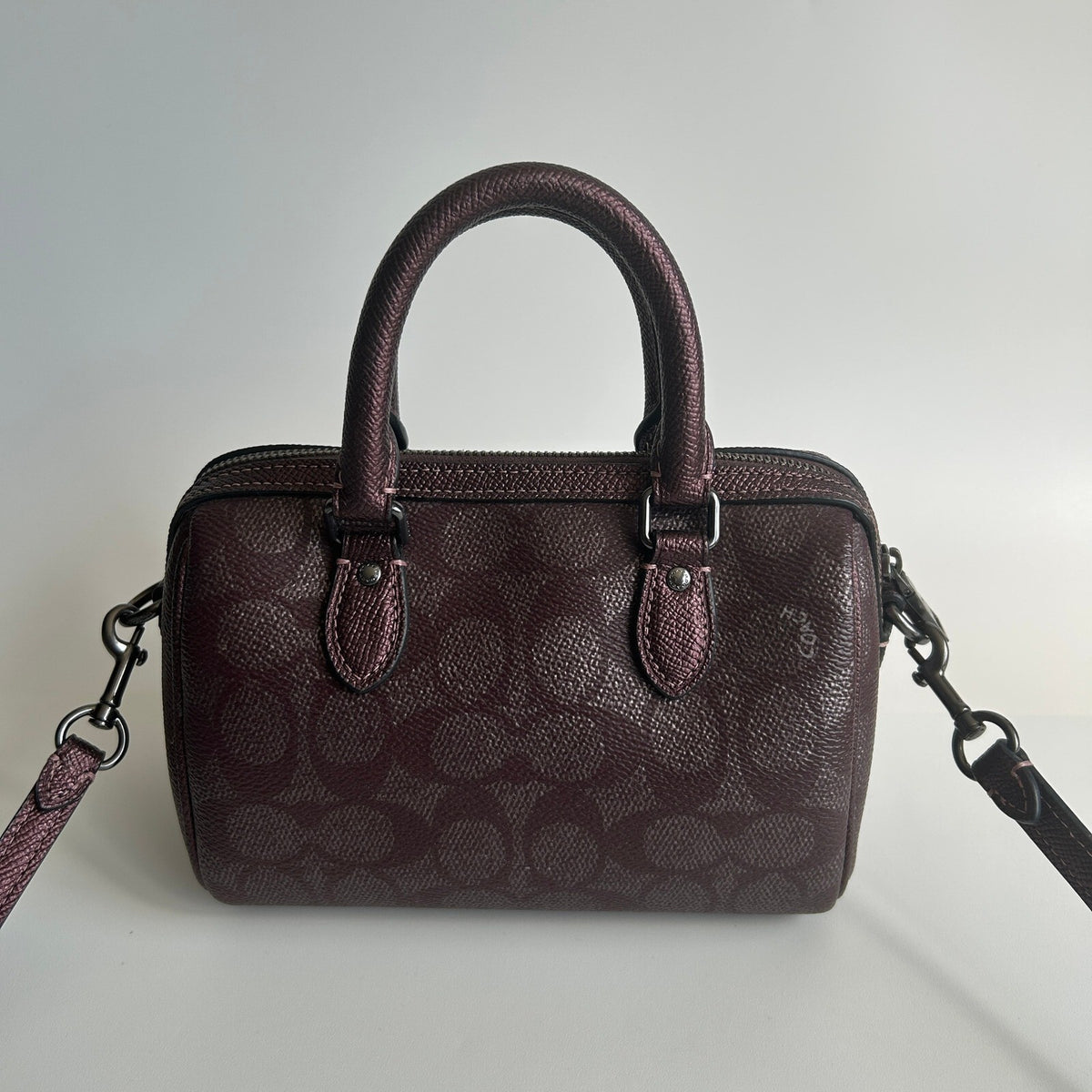 Coach Mini Rowan Satchel Metallic Burgundy Signature Canvas Crossbody Bag CX186