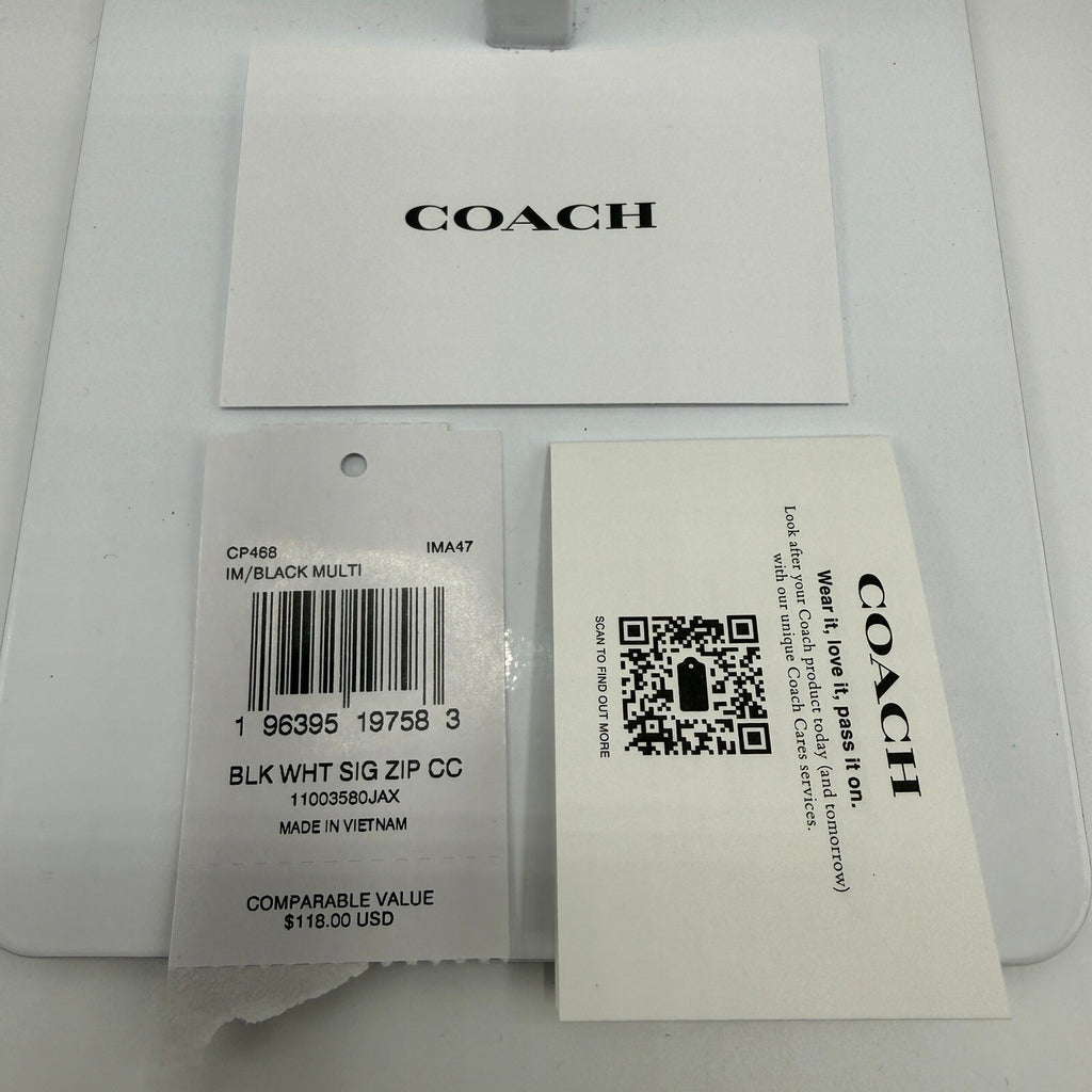 Coach Zip Card Case Black White Signature Canvas Leather Wallet CP468